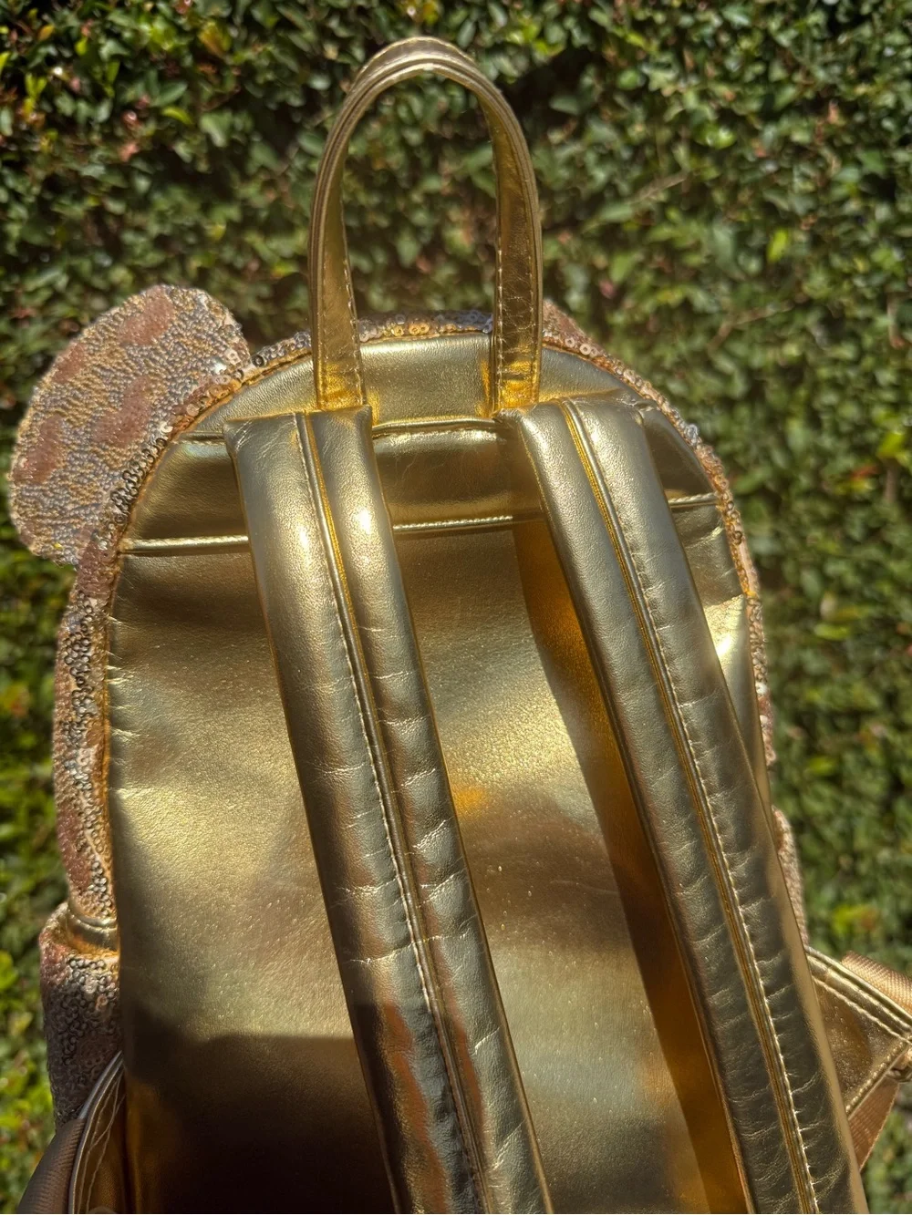 Loungefly Gold Sequin Minnie Ear Mini Backpack with Metallic Bow